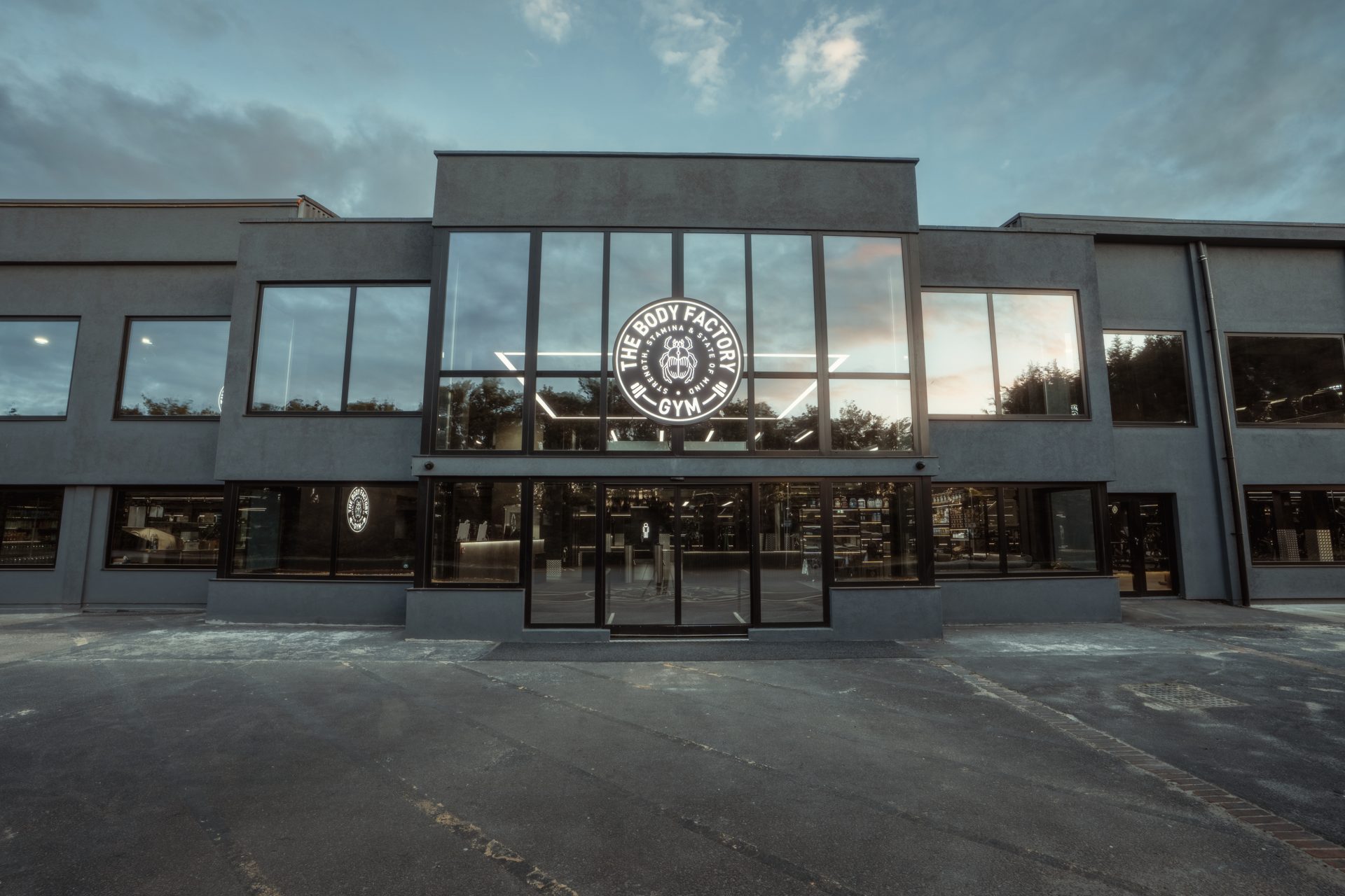 The Body Factory Gym, Harlow, at dusk